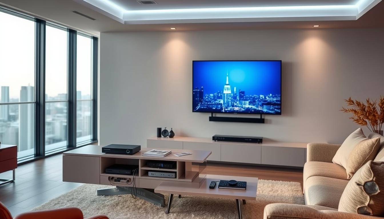 A modern, high-tech living room with a large flat-screen TV mounted on the wall, displaying a crisp, vibrant image. Soft, indirect lighting illuminates the space, creating a cozy and inviting atmosphere. In the foreground, a minimalist, ergonomic media console houses various streaming devices, cables, and remote controls, all neatly organized. The middle ground features comfortable, contemporary furniture, including a plush sofa and a sleek, low-profile coffee table. The background showcases floor-to-ceiling windows, offering a scenic view of a skyline or a serene outdoor setting, further enhancing the sense of quality and sophistication.