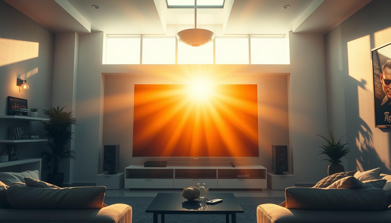 A sun-drenched living room with a large, sleek television set. The image focuses on the television, showcasing its vivid, high-definition display. The room is adorned with modern, minimalist decor, creating a clean and sophisticated atmosphere. The lighting is warm and inviting, with soft, diffused beams illuminating the space. The television is the focal point, surrounded by comfortable seating and suggesting the ultimate home entertainment experience. The overall scene conveys the benefits of an Xtreme HD IPTV subscription, highlighting the exceptional picture quality and immersive viewing experience it provides.