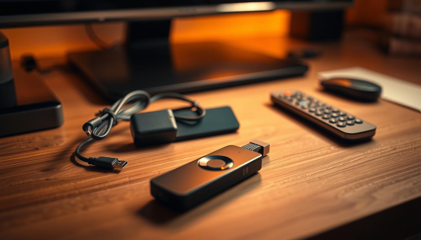 A meticulously organized workbench with a Firestick device, power adapter, HDMI cable, and remote control prominently displayed. The setup is illuminated by warm, diffused lighting that creates a cozy, inviting atmosphere. The background is softly blurred, drawing the viewer's attention to the central components. The composition exudes a sense of preparedness and attention to detail, hinting at the thoughtful process of setting up a Firestick for an IPTV installation.