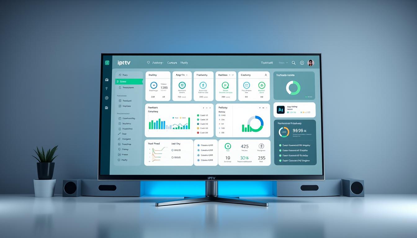A sleek, modern IPTV reseller panel displayed on a large, high-resolution monitor. The panel showcases a clean, intuitive interface with various customizable widgets and data visualization tools. The background is a minimalist workspace with a muted color palette, allowing the panel to take center stage. Subtle blue and green accents highlight key features, creating a professional and trustworthy atmosphere. Elegant typography and icons convey the panel's functionality and attention to detail. The overall scene conveys a sense of efficiency, control, and seamless IPTV management for savvy resellers.