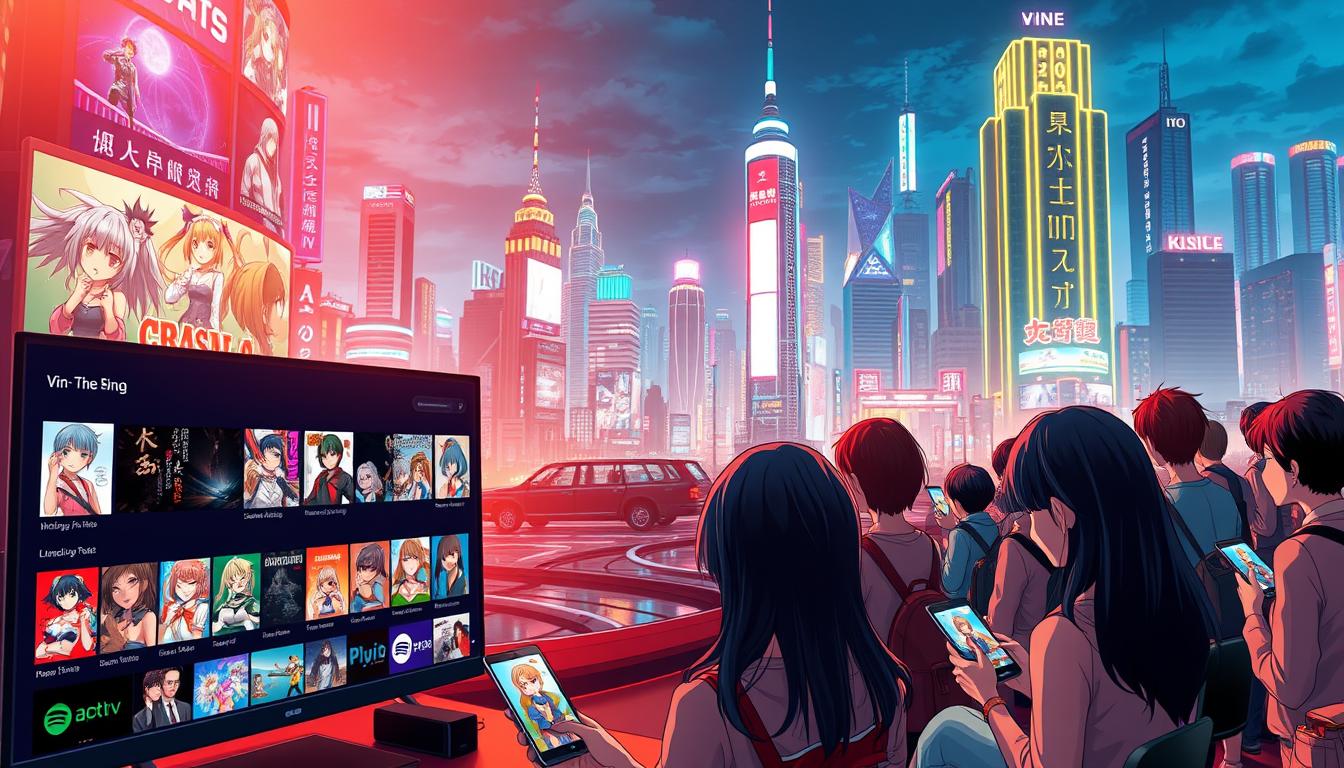 A vibrant, anime-inspired scene depicting an IPTV service. In the foreground, a sleek, futuristic interface showcases a diverse selection of anime titles, with vivid character illustrations and dynamic on-screen elements. The middle ground features a group of anime fans, each engrossed in their own devices, immersed in the rich content. In the background, a cityscape with towering skyscrapers and neon-lit signs creates a cyberpunk atmosphere, reflecting the cutting-edge technology powering the IPTV service. Soft, warm lighting illuminates the scene, accentuating the vibrant colors and creating a sense of energy and excitement.
