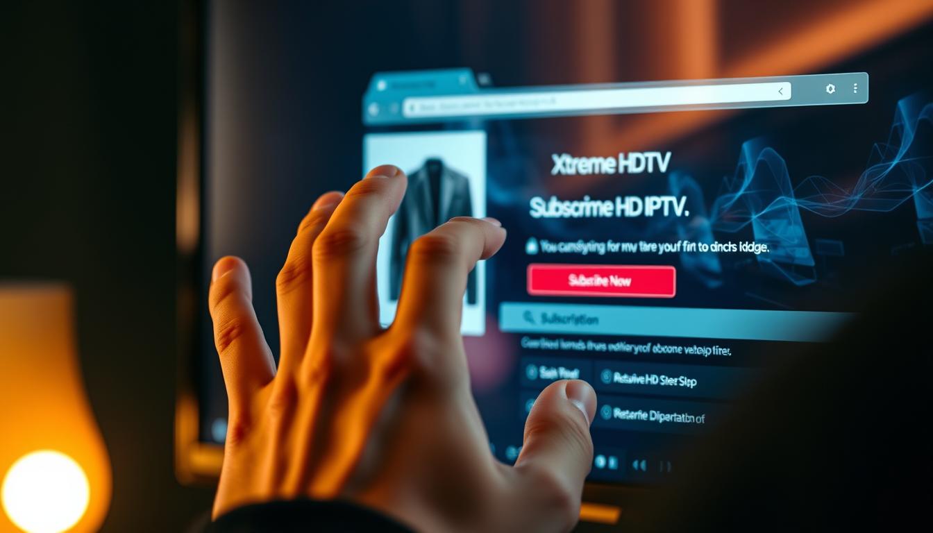 A close-up view of a person's hands navigating through an intuitive web interface displaying the Xtreme HD IPTV subscription process. The interface features a clean, modern design with a prominent "Subscribe Now" button and clear step-by-step instructions. The background is softly blurred, keeping the focus on the hands and the subscription flow. Warm, natural lighting casts a subtle glow, creating a sense of ease and approachability. The overall atmosphere conveys a seamless, user-friendly experience for signing up to the Xtreme HD IPTV service.
