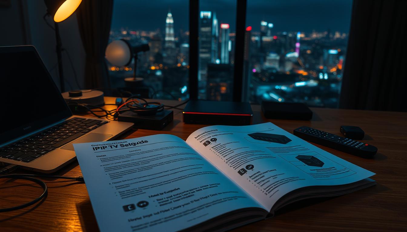A dimly lit room, soft ambient lighting illuminating a laptop and various cables and devices on a cluttered wooden desk. In the foreground, an IPTV setup guide with clear step-by-step instructions and diagrams, its pages spread open. The guide provides detailed information on connecting an IPTV box, configuring network settings, and accessing the service. The middle ground features the IPTV box itself, sleek and modern, alongside a remote control. In the background, a sprawling city skyline visible through a large window, hinting at the global reach of the IPTV service. The overall mood is one of focused concentration and problem-solving.