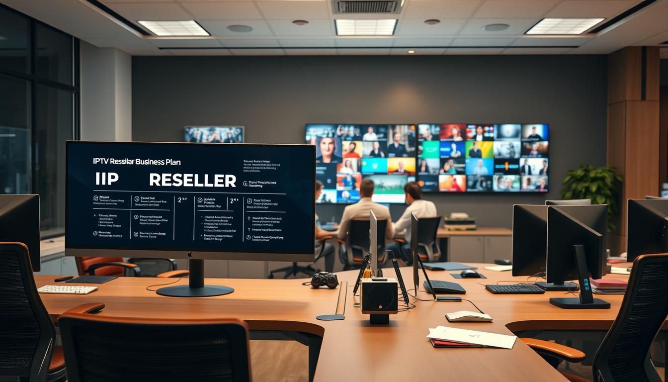 A modern and professional office setup, with sleek desks, ergonomic chairs, and top-of-the-line computer equipment. The room is well-lit, with a mix of natural and artificial lighting casting a warm glow. In the foreground, there's a large monitor displaying a detailed IPTV reseller business plan, highlighting key features and revenue streams. In the middle ground, a team of professionals is gathered around the desk, discussing strategies and analyzing data. In the background, a wall-mounted TV showcases various IPTV channels and services, highlighting the breadth of the offering. The overall atmosphere is one of productivity, innovation, and a commitment to providing high-quality IPTV solutions to customers.