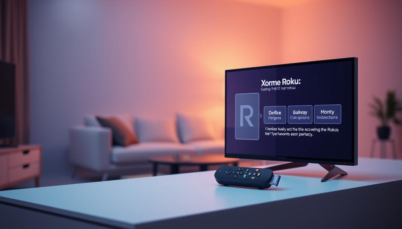 A minimalist digital living room with a sleek Roku device prominently displayed on a modern TV stand. The Roku's interface is shown clearly, highlighting the setup process with intuitive on-screen instructions. Soft, warm lighting creates a cozy atmosphere, while a blurred background hints at a comfy sofa and other living room furnishings. The scene conveys a sense of ease and simplicity, reflecting the user-friendly nature of setting up the Roku for the Xtreme HD IPTV service.