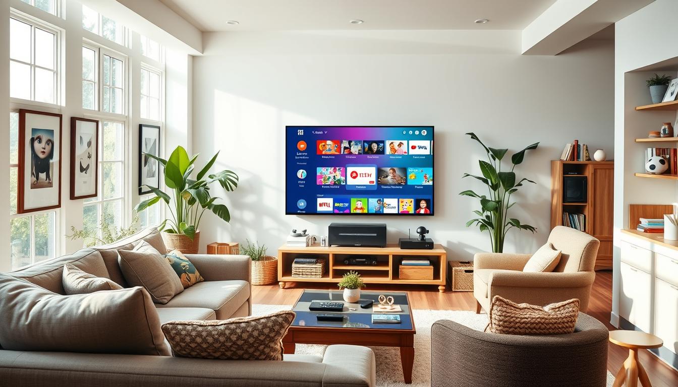 A bright, airy living room with large windows letting in natural light. In the foreground, a cozy couch and armchair, a coffee table with various streaming devices and remotes. On the walls, framed artwork and shelves displaying children's toys and books. In the middle ground, a flat-screen TV mounted on the wall, showcasing a vibrant and colorful IPTV interface with a diverse selection of kids' channels. The background features lush, verdant houseplants and a warm, inviting atmosphere. The lighting is soft and even, creating a welcoming and family-friendly ambiance.