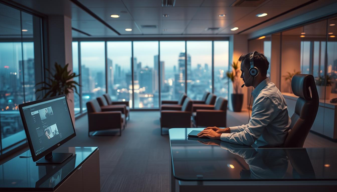 An office interior with a modern, minimalist aesthetic. In the foreground, a customer service representative sits at a sleek, glass-topped desk, headset on, focused intently on a computer screen. Soft, indirect lighting casts a warm glow, creating a welcoming atmosphere. In the middle ground, a row of comfortable chairs invites visitors to wait their turn. Large windows overlook a cityscape in the background, reflecting the urban setting. The overall mood is one of efficiency, professionalism, and a commitment to excellent customer service, perfectly suited for an IPTV provider.