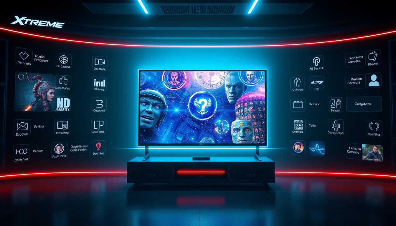 A sleek and modern UI showcasing the key features of Xtreme HD IPTV service. In the center, a large screen displays a vivid, high-definition video stream with crisp colors and details. Surrounding the screen, an array of icons and interactive elements illustrate the various capabilities - live TV channels, on-demand content, parental controls, user profiles, and more. The layout is clean and intuitive, with a dark, high-tech aesthetic complemented by subtle lighting effects. The overall impression conveys the power and sophistication of the Xtreme HD IPTV platform.