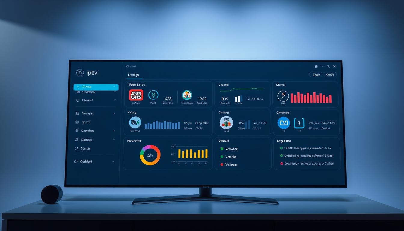A sleek, customizable IPTV dashboard presented on a modern, high-resolution display. The interface showcases a clean, intuitive layout with a grid of customizable tiles. Each tile displays real-time data such as channel listings, viewing statistics, and user management options. The dashboard is bathed in a soft, ambient light, creating a professional and user-friendly atmosphere. The overall design exudes a sense of control and efficiency, perfectly suited for an IPTV reseller's needs. The dashboard is configurable, allowing the user to rearrange and resize the tiles to their liking, creating a personalized workspace. A series of subtle icons and navigational elements guide the user through the various features and settings, ensuring a seamless and efficient IPTV management experience.