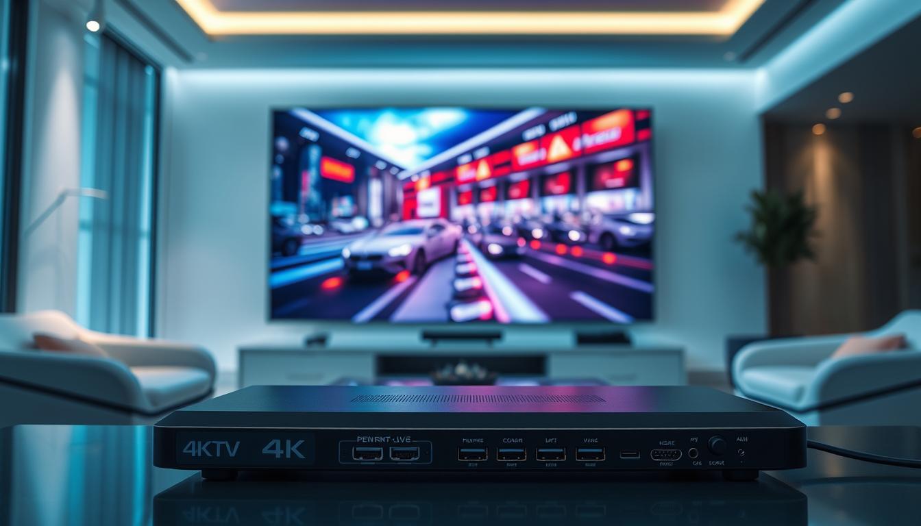 A high-tech 4K IPTV streaming setup, with a sleek and modern TV screen displaying a vibrant, ultra-high-definition live video feed. In the foreground, a state-of-the-art media streaming device with multiple ports and connectivity options. The backdrop features a futuristic, minimalist living room setting, with subtle ambient lighting and clean, angular furniture design. The overall atmosphere conveys a sense of cutting-edge technology, seamless entertainment, and the viewer's immersion in a next-generation viewing experience.
