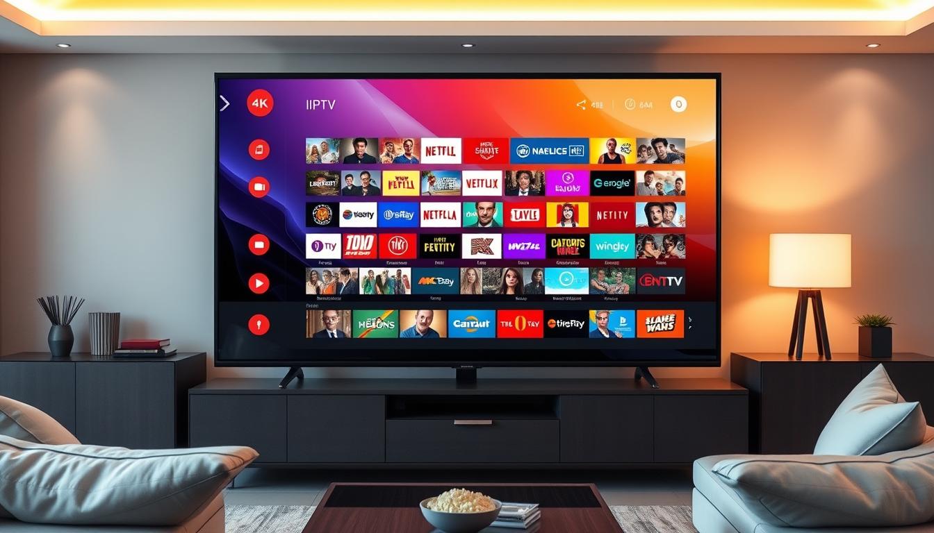 A vibrant 4K television screen displaying a live streaming IPTV feed, showcasing a diverse array of high-definition channels. The screen is set against a modern, minimalist living room backdrop, with sleek furniture and tasteful decor. Warm, natural lighting floods the scene, creating a cozy and inviting atmosphere. The IPTV interface is clean and intuitive, highlighting the ease of accessing a wide range of live TV content in stunning 4K resolution. The overall composition conveys the seamless integration of advanced streaming technology into a comfortable, contemporary home environment.