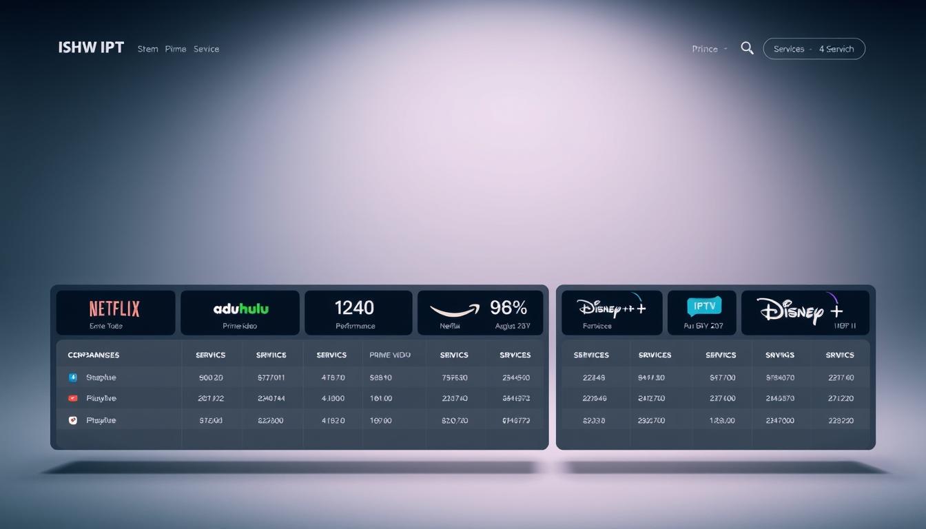 A sleek and modern dashboard displaying various IPTV streaming service options, arranged in a grid-like layout. The foreground features detailed icons and logos for popular services like Netflix, Hulu, Amazon Prime Video, and Disney+. The middle ground showcases comparative stats, performance metrics, and pricing information for each service, conveying a sense of analysis and evaluation. The background is a minimalist, muted gradient that provides a clean, professional backdrop, allowing the service details to take center stage. Crisp, high-resolution imagery, balanced lighting, and a neutral color palette create an authoritative, informative, and visually appealing composition.