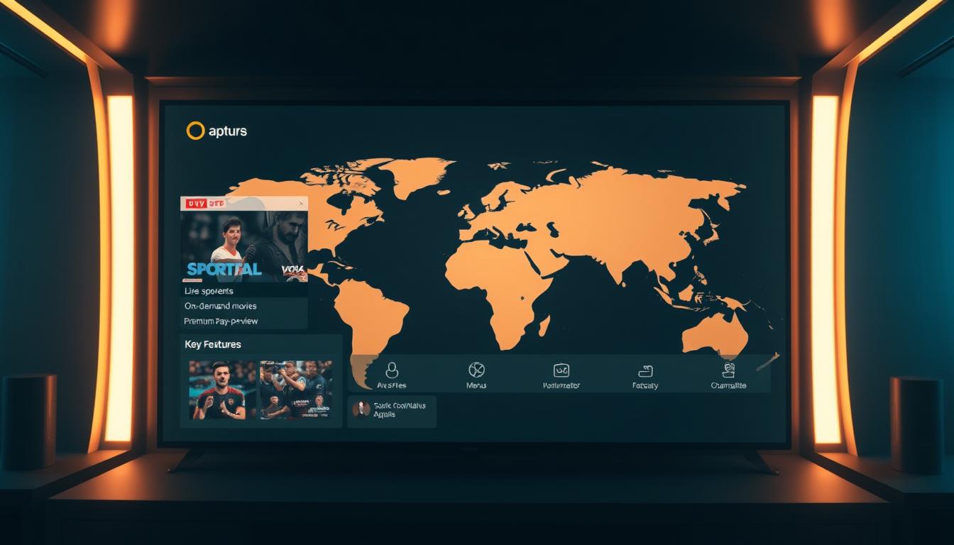 A sleek, modern IPTV service interface with a focus on key features. In the foreground, a clean dashboard showcases live sports events, on-demand movies, and premium pay-per-view channels. The middle ground features intuitive menus and customizable user profiles, while the background depicts a stylized world map, symbolizing the global reach of the IPTV service. The lighting is warm and inviting, creating a polished, high-tech atmosphere. The overall composition emphasizes the service's comprehensive capabilities, user-friendly design, and ability to cater to the needs of sports resellers and their customers.