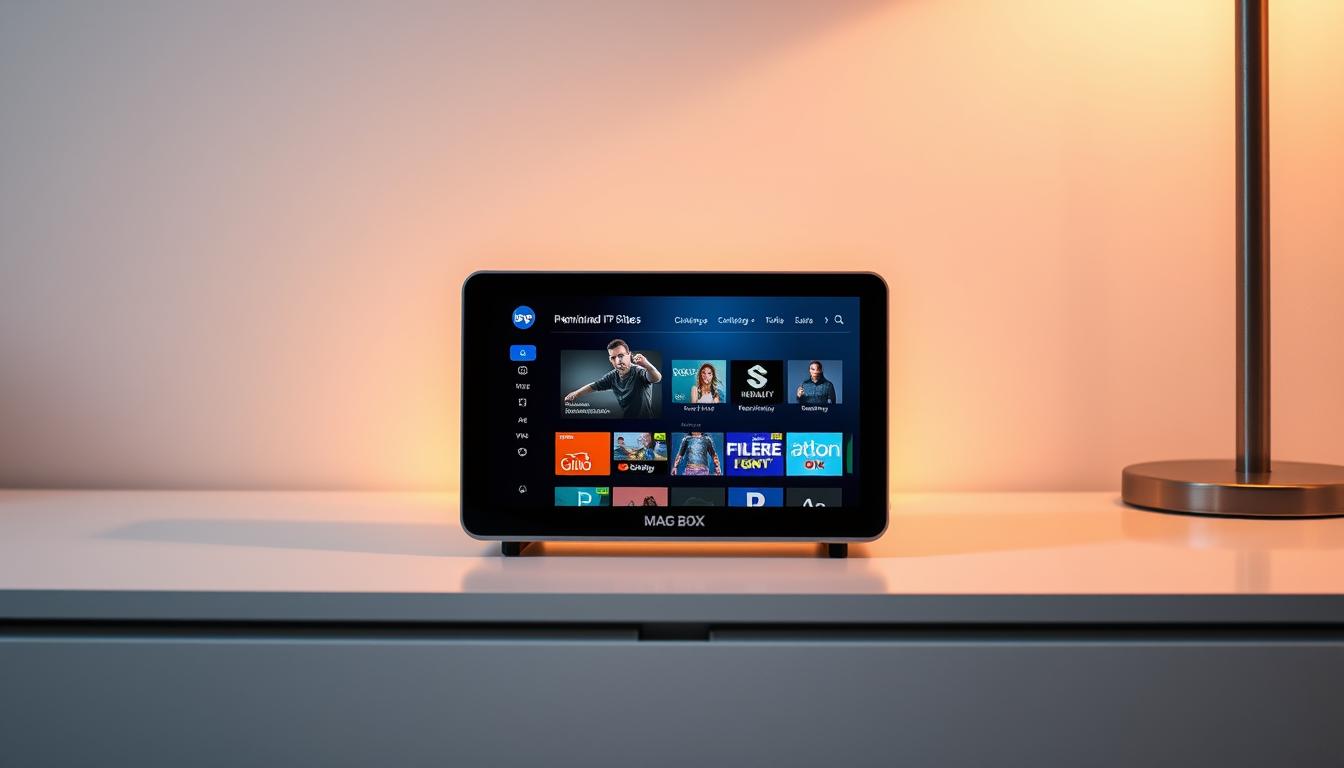 A modern, sleek MAG box standing prominently on a clean, minimalist desk. The device's interface is displayed, showcasing a customized IPTV service with a visually appealing and intuitive user experience. Warm, diffused lighting casts a soft glow, highlighting the box's clean lines and premium finish. The overall scene conveys a sense of sophistication and effortless control over one's home entertainment setup.