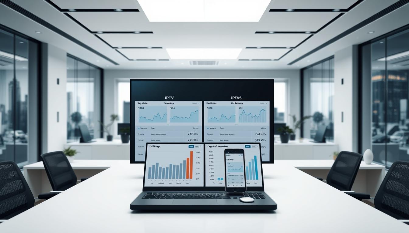 An image of a clean, modern office workspace with a large desk displaying a side-by-side comparison of IPTV service performance metrics. Sleek, minimalist design with a neutral color palette of grays, whites, and blacks. In the foreground, high-quality graphs and charts showcasing key performance indicators like streaming quality, latency, reliability, and pricing. The middle ground features a laptop and mobile device displaying the IPTV services being compared. The background has subtle blurred cityscape elements, conveying a professional, corporate atmosphere. Soft, even lighting casts a subtle glow across the scene, creating a sense of clarity and attention to detail. The overall mood is one of analytical rigor and data-driven decision making.