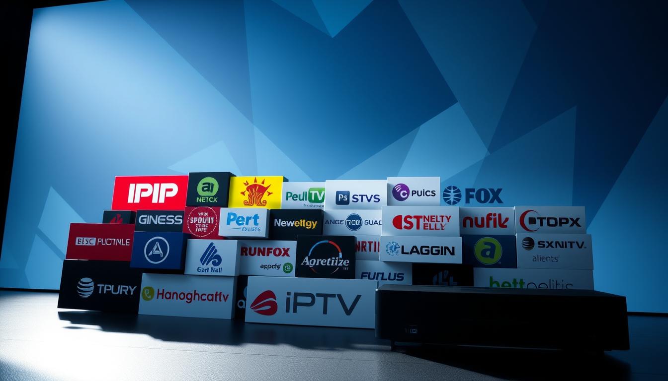 A high-contrast, digitally rendered illustration depicting the logos and branding of several popular IPTV subscription services. The foreground features the most prominent providers in vibrant colors, arranged in a dynamic, overlapping composition. The middle ground showcases secondary services in a slightly muted palette, creating depth and hierarchy. The background shows a abstract, geometric pattern in shades of blue and gray, evoking the digital, technological nature of the IPTV industry. Dramatic lighting from the left casts shadows and highlights, adding a sense of volume and dimensionality to the image. The overall tone is sleek, modern, and professional, suitable for an article on choosing the right IPTV plan.
