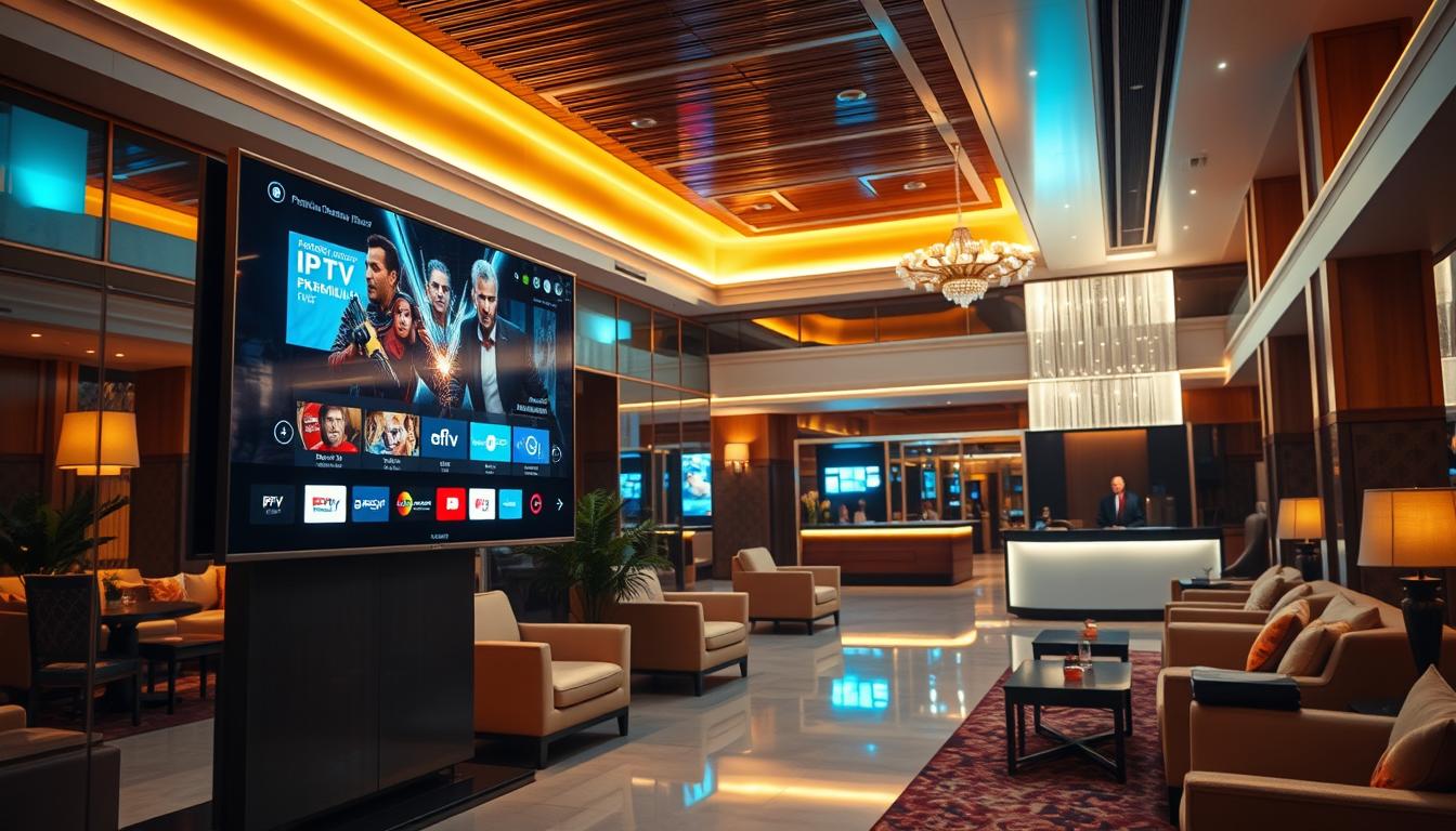 A vibrant hotel lobby, bathed in warm, inviting lighting. In the foreground, a sleek, modern IPTV display showcases the hotel's premium entertainment services, highlighting the crisp visuals and user-friendly interface. The middle ground features plush seating areas where guests can relax and enjoy the IPTV offerings. In the background, a concierge desk and elegant decor create a sophisticated ambiance, conveying the hotel's commitment to providing a luxurious experience. The overall scene evokes a sense of high-end hospitality and cutting-edge technology, enticing guests to explore the hotel's exceptional IPTV services.