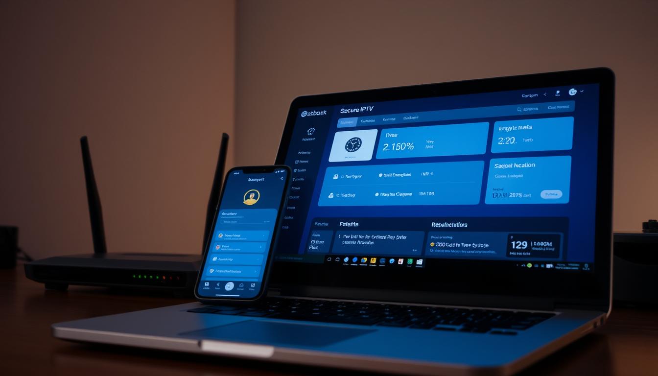 A well-lit, high-resolution image of a secure IPTV system. In the foreground, a laptop displays a secure dashboard with encryption metrics and user access controls. In the middle ground, a smartphone shows a streamlined IPTV app with robust authentication measures. In the background, a network router and modem convey the infrastructure enabling the IPTV service. The scene has a sense of professionalism and attention to cybersecurity, reflecting the best practices for sharing IPTV subscriptions safely and responsibly.
