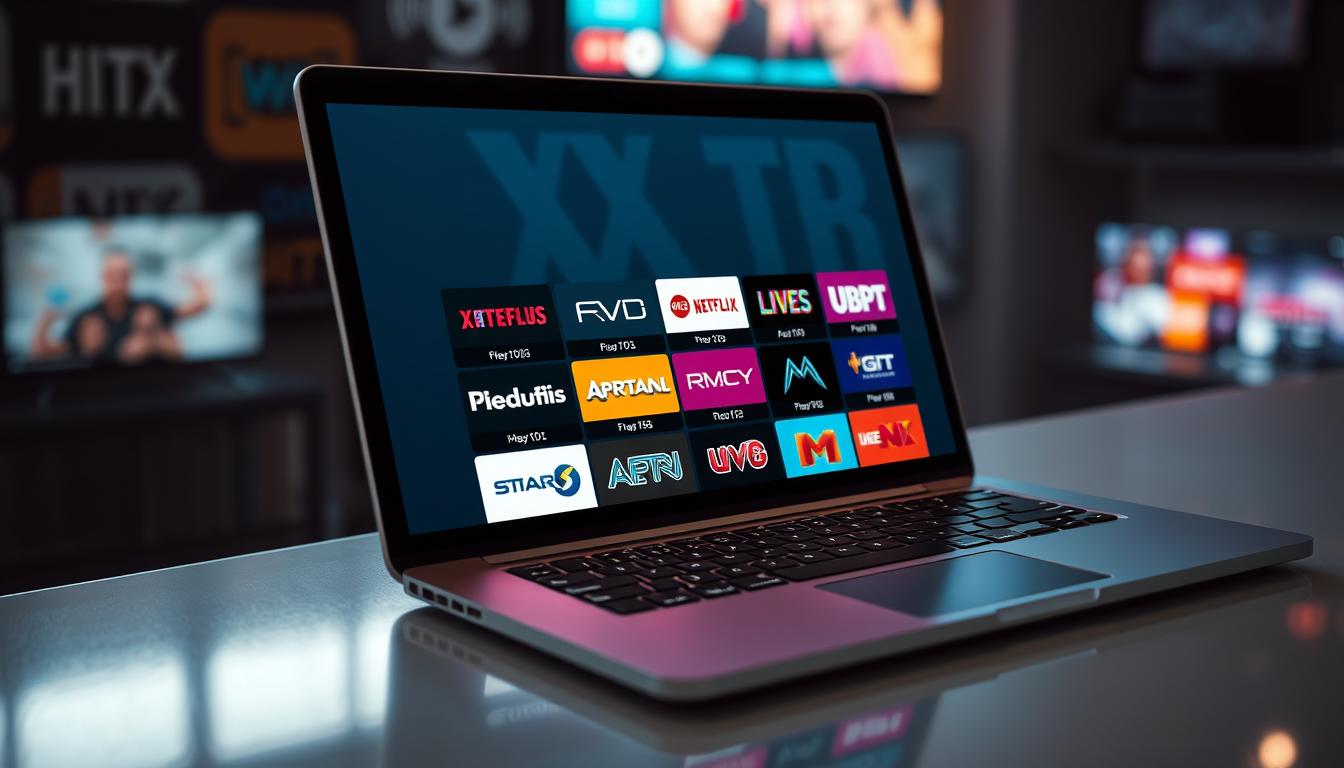 A well-lit, high-angle view of an open laptop displaying a grid of discounted Xtreme HD IPTV channel icons against a blurred, out-of-focus background. The channel icons are vibrant, with a modern, minimalist design and bold text indicating their reduced pricing. The laptop is positioned on a sleek, polished desk, casting a subtle reflection. The lighting is soft and natural, creating a sense of clarity and focus on the discounted offerings.