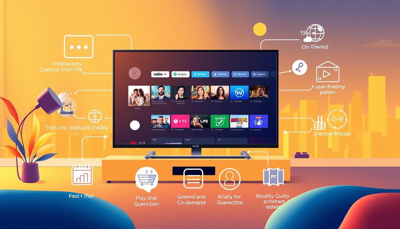 A vibrant and informative illustration showcasing the benefits of a monthly IPTV subscription. In the foreground, a sleek and modern smart TV displays various streaming channels and on-demand content, conveying the abundance of entertainment options. The middle ground features icons and graphics, such as a calendar, a payment method, and a user-friendly interface, emphasizing the flexibility, convenience, and ease of use of a monthly IPTV plan. The background depicts a stylized cityscape, hinting at the global accessibility and connectivity provided by the IPTV service. The overall composition is visually striking, with a clean and minimalist aesthetic, warm lighting, and a sense of dynamism, capturing the key benefits of a monthly IPTV subscription.