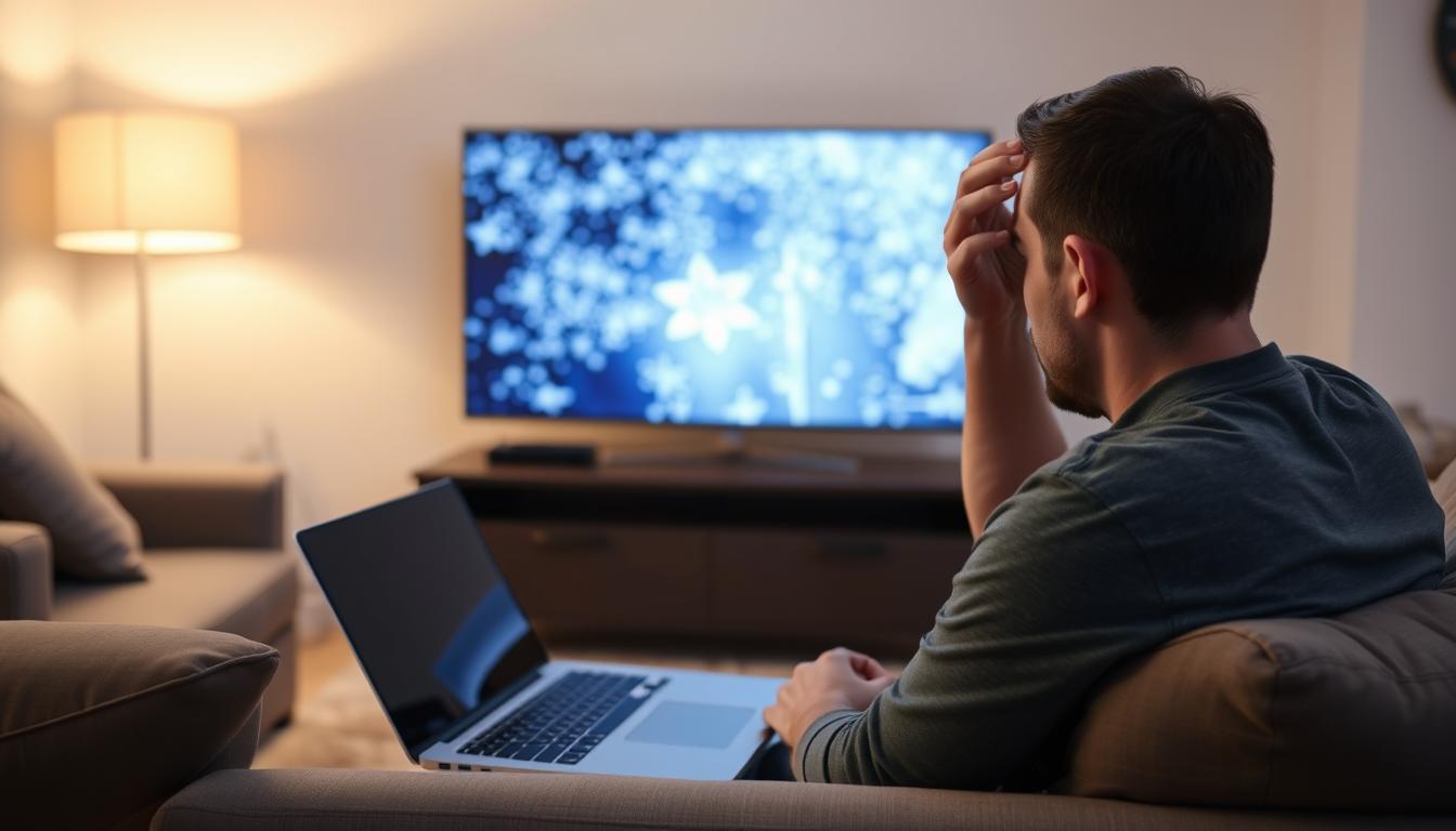 A living room setting with a person sitting on a couch, laptop open, and an IPTV streaming device connected to a television displaying a frozen image. The lighting is soft and diffused, creating a contemplative atmosphere. The person looks frustrated, hand on their head, as they troubleshoot the issue. The television screen shows a pixelated, frozen frame, indicating the IPTV subscription is experiencing a connectivity problem. The room is clutter-free, allowing the focus to remain on the troubleshooting process.