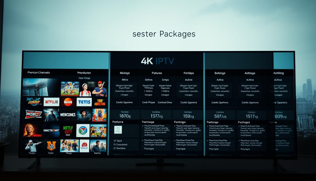 A modern, sleek 4K IPTV reseller packages display, featuring a neatly organized array of different service plans. The foreground showcases various icons and graphics representing premium channels, sports, movies, and other content. The middle ground presents detailed pricing structures and feature comparisons between the packages, while the background depicts a clean, minimalist interface with a slightly out-of-focus cityscape or technology-inspired landscape. The overall mood is professional, informative, and visually appealing, capturing the essence of a high-quality IPTV reseller offering.