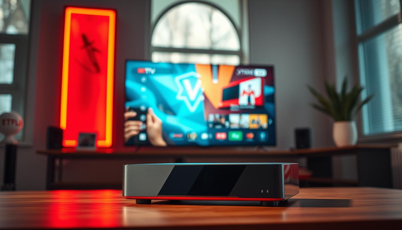A sleek, modern Formuler Z8 set-top box prominently displayed, its clean lines and futuristic design framing the screen. The display showcases the vibrant, high-definition imagery of the Xtreme HD IPTV service, with a seamless user interface and intuitive navigation. Bright, natural lighting illuminates the scene, casting a warm glow and highlighting the premium quality of the hardware and software. The overall composition conveys a sense of technological sophistication and the effortless integration of the Xtreme HD IPTV experience on the Formuler Z8 platform.