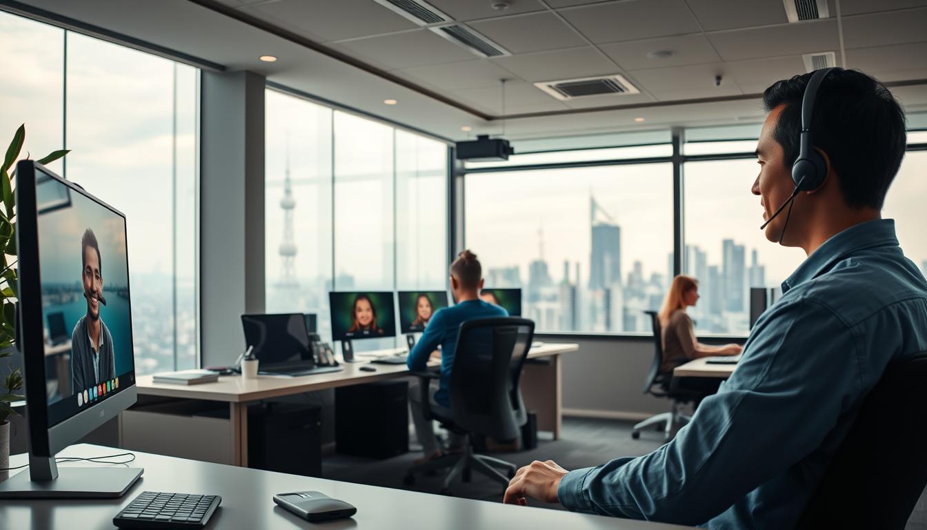 A modern, inviting office space with a cozy and professional atmosphere. In the foreground, a customer service representative sits at a desk, their warm and attentive expression as they assist a remote client via a high-quality video call on a sleek computer monitor. The middle ground features a team of IPTV support staff working diligently at their stations, surrounded by state-of-the-art equipment and vibrant, branded decor. The background showcases a panoramic view of a bustling city skyline, hinting at the global reach and scale of the IPTV service. Soft, directional lighting and a muted color palette create a sense of competence and trustworthiness.