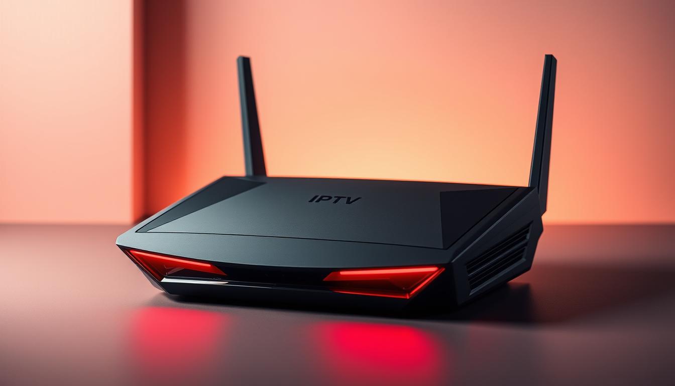 An advanced, high-performance IPTV router with a modern, minimalist aesthetic. The device is prominently featured in the center, with a sleek matte black casing and striking red accent lighting along the edges. The router's powerful hardware is suggested through its angular, futuristic design. The background features a smooth, neutral gradient, allowing the router to take center stage. Soft, warm lighting creates a premium, high-tech atmosphere, highlighting the router's technical capabilities. The overall composition conveys the router's suitability for demanding IPTV streaming, with an emphasis on its compatibility, performance, and visual appeal.