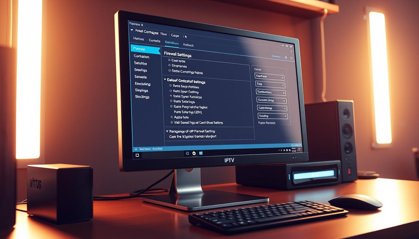 A beautifully lit, wide-angle photograph of a sleek, modern desktop computer setup with a high-resolution display showcasing a detailed firewall configuration interface. The screen displays a comprehensive IPTV firewall settings guide with clear, easy-to-understand options and settings. The desktop is clutter-free, with a minimalist aesthetic, allowing the firewall settings guide to be the focal point. Soft, warm lighting illuminates the scene, creating a professional and authoritative atmosphere. The camera is positioned at a slight angle, providing a clean, unobstructed view of the screen and its contents.