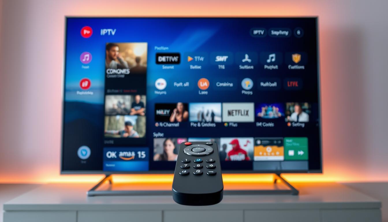 A vibrant digital landscape depicting IPTV streaming services on a sleek, modern Smart TV interface. The screen displays a diverse array of live channels, on-demand content, and intuitive navigation menus, all bathed in a warm, ambient lighting that accentuates the crisp, high-definition visuals. In the foreground, a minimalist remote control hovers, its simple buttons and controls emphasizing the ease of use. The middle ground features a clean, uncluttered UI design with clear iconography and smooth transitions, while the background showcases a subtle gradient or geometric pattern, creating a sense of depth and sophistication. The overall mood is one of seamless entertainment and technological elegance, perfectly capturing the benefits of IPTV for the modern Smart TV user.