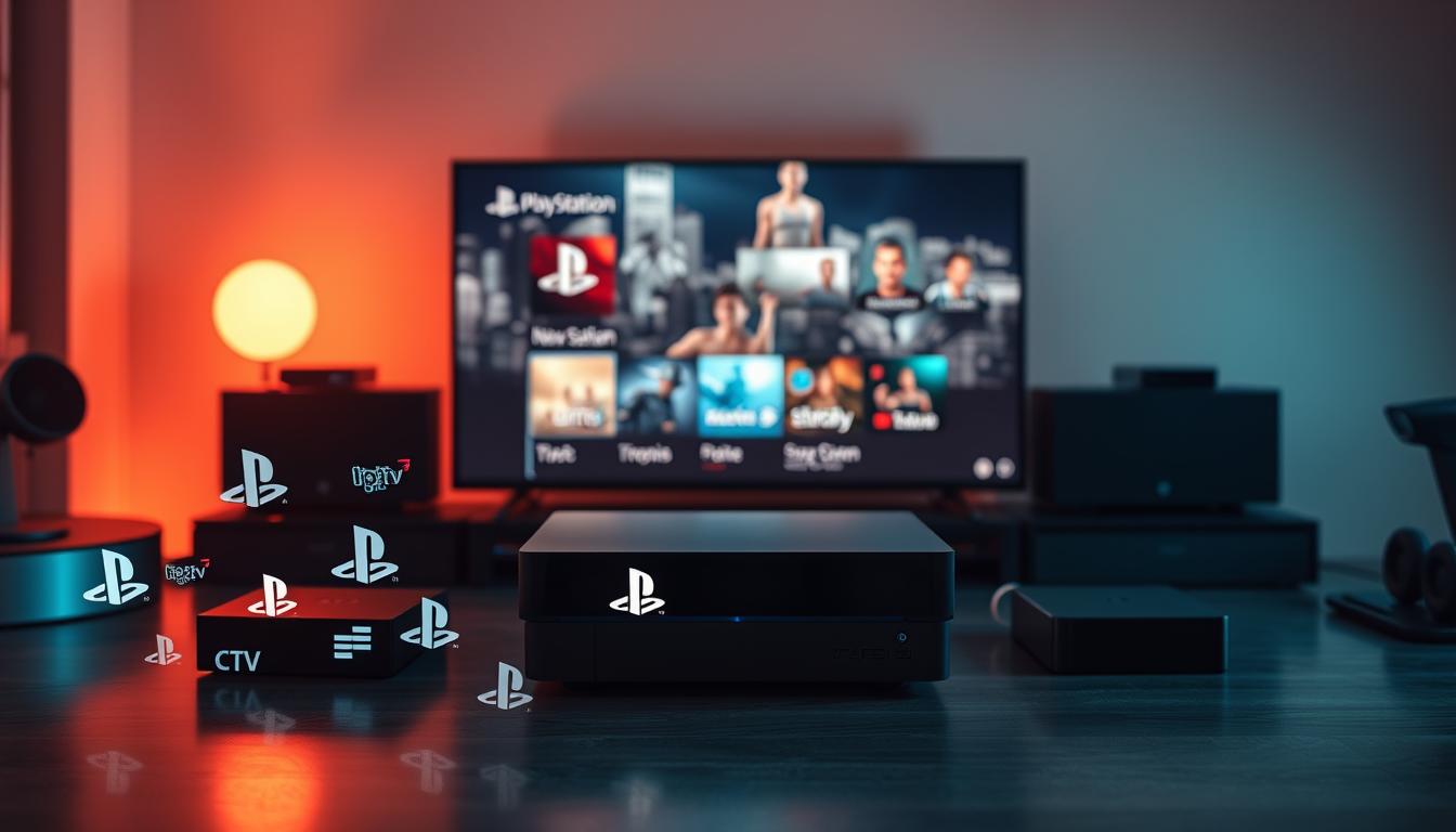 A sleek, modern gaming setup with a PlayStation console prominently displayed, surrounded by various streaming device options. The setup is illuminated by soft, warm lighting, creating a cozy and inviting atmosphere. In the foreground, an array of IPTV service icons and logos float, hinting at the different PlayStation IPTV options available. The middle ground features a clean, minimalist interface showcasing the various IPTV channels and features. In the background, a subtle, blurred cityscape provides a sense of context and urban setting. The overall composition conveys a sense of technological sophistication and the versatility of PlayStation as a multimedia platform.
