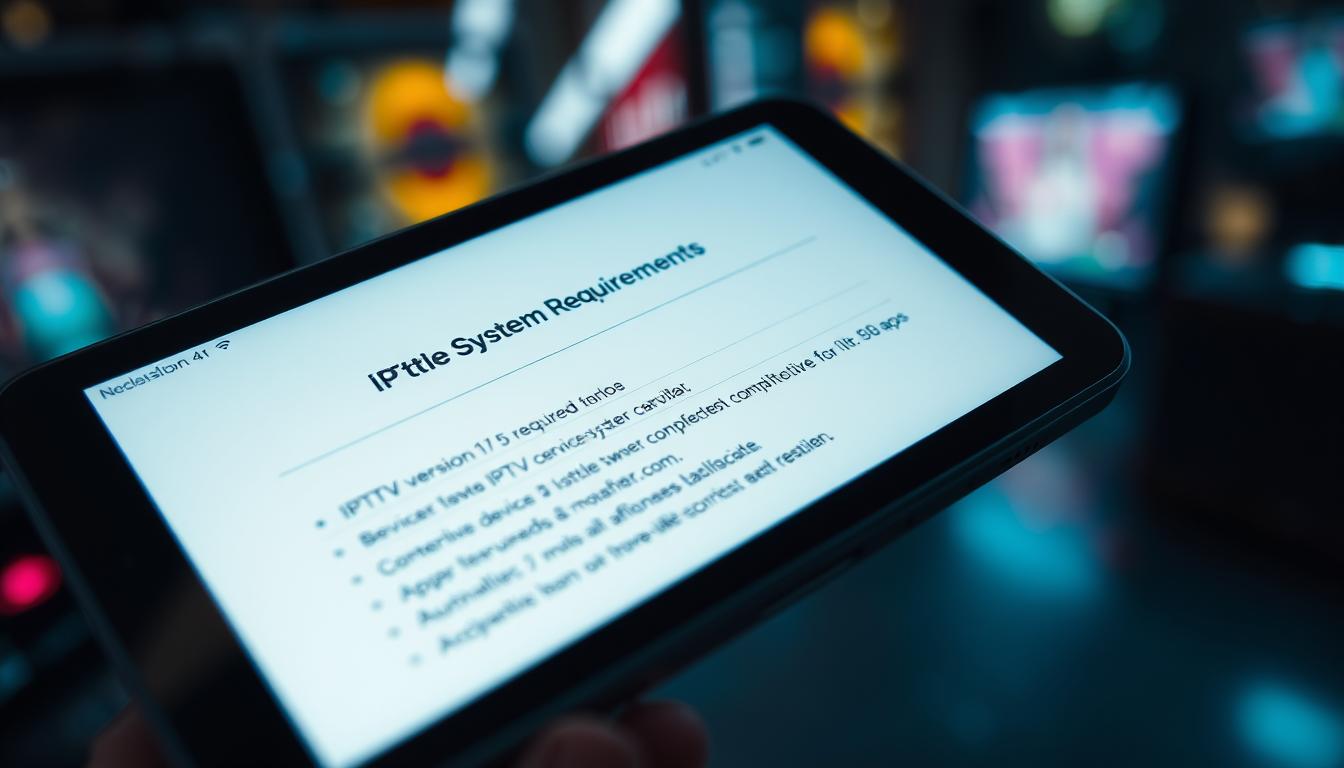 A well-lit and detailed close-up view of an iOS device screen displaying the system requirements for IPTV apps. The display shows a clean, minimal interface with clear typography and icons, presenting key information such as the required iOS version, device compatibility, and any other technical specifications. The foreground is in sharp focus, with a slightly blurred but contextual background suggesting a modern, technology-focused environment. The overall mood is informative and visually appealing, inviting the viewer to easily understand the necessary system requirements for running IPTV applications on iOS devices.