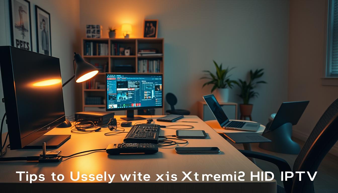 A cozy home office with a large desk, a desktop computer, and a laptop. On the desk, an IPTV remote control, a smartphone, and various cables and adapters. A stylish lamp casts a warm glow, illuminating the workspace. The walls are adorned with minimalist decor, creating a serene and productive atmosphere. In the background, a bookshelf filled with tech-related books and a potted plant add a touch of greenery. The scene conveys a sense of efficiency and data-conscious living, perfectly suited for the "Tips to Reduce Data Usage with Xtreme HD IPTV" section.