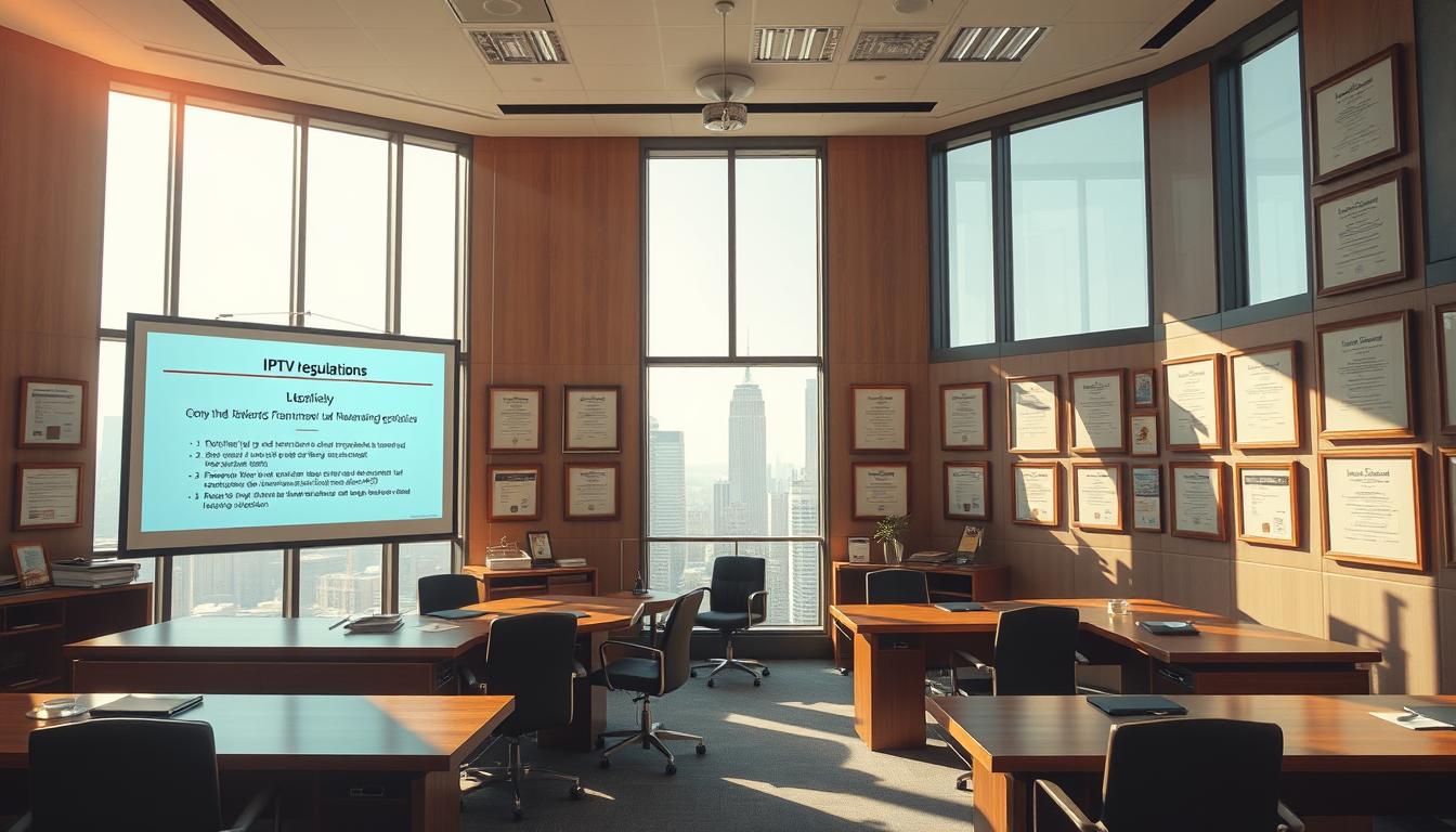 A modern government office interior with large windows overlooking a city skyline. The walls are adorned with framed legal documents and certificates related to IPTV regulations. Wooden desks and chairs are neatly arranged, and a projector screen displays a presentation on IPTV legal frameworks. Sunlight streams in, creating a professional and authoritative atmosphere. The scene conveys a sense of diligent policymaking and compliance with telecommunications laws.