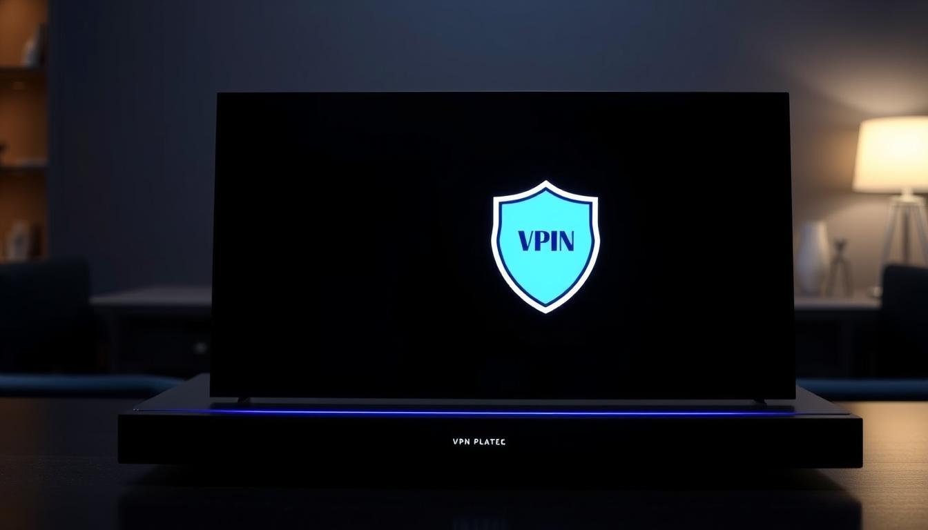 A modern and secure IPTV panel with an intuitive user interface, prominently featuring a VPN connection button. The panel is displayed on a sleek, black device with a minimalist design, set against a dimly lit background that suggests a professional, tech-savvy environment. The VPN logo is clearly visible, indicating the panel's enhanced security capabilities. Subtle lighting highlights the panel's clean lines and high-quality construction, conveying a sense of reliability and trustworthiness. The overall composition emphasizes the panel's role as a central hub for secure IPTV streaming, perfectly suited for the "Setting Up Your IPTV Panel with VPN" section of the article.