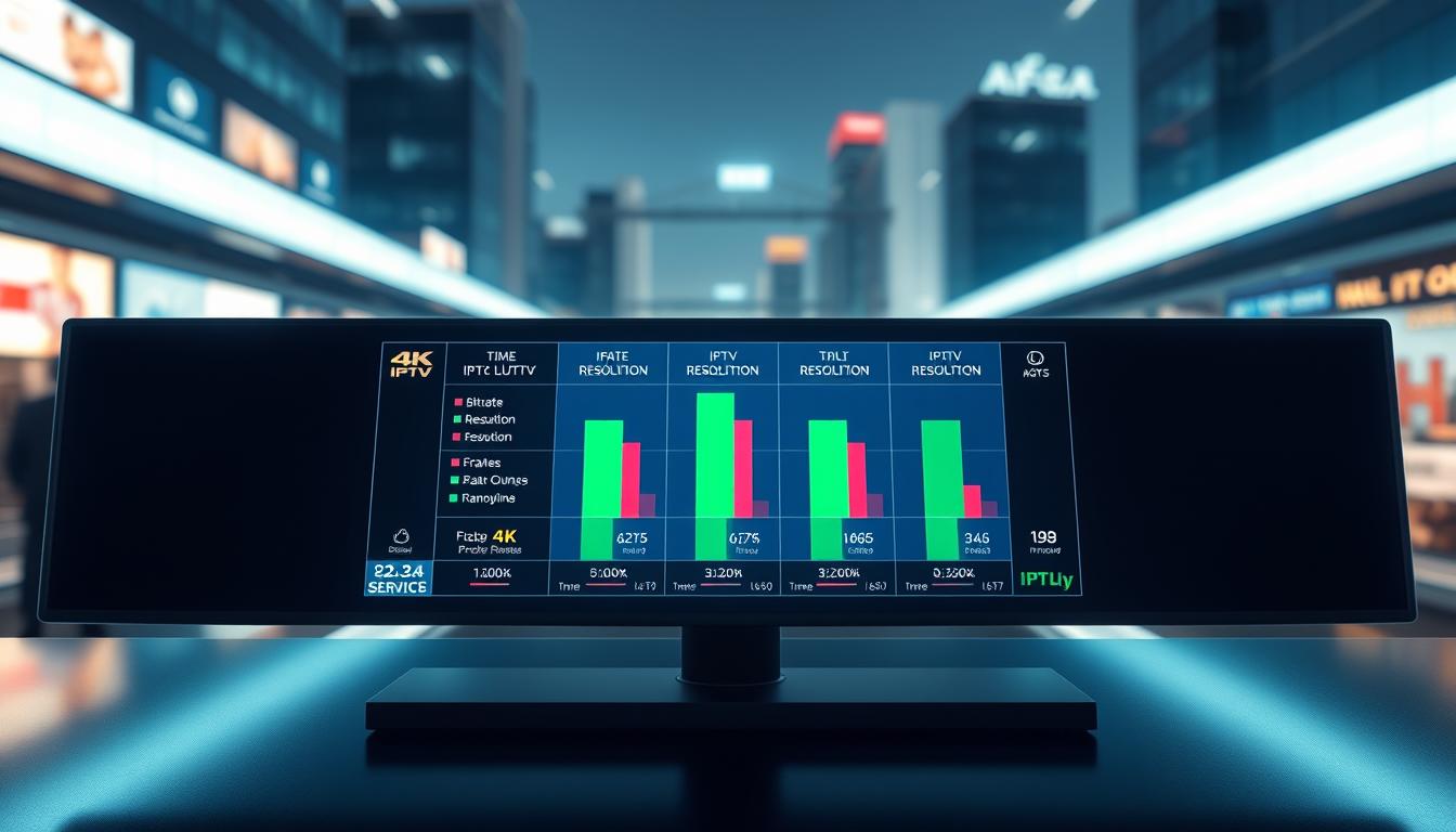 A high-tech digital control panel displaying real-time comparisons of IPTV streaming quality metrics, such as bitrate, resolution, and frame rate, across multiple leading IPTV service providers. The panel is sleek and futuristic, with a minimalist aesthetic and vibrant, color-coded visualizations. The scene is illuminated by cool, directional lighting, creating a sense of technical sophistication and precision. In the background, a blurred cityscape suggests the urban setting of the IPTV services being evaluated. The overall atmosphere conveys the importance of making an informed decision when selecting an IPTV provider for the best 4K live viewing experience.