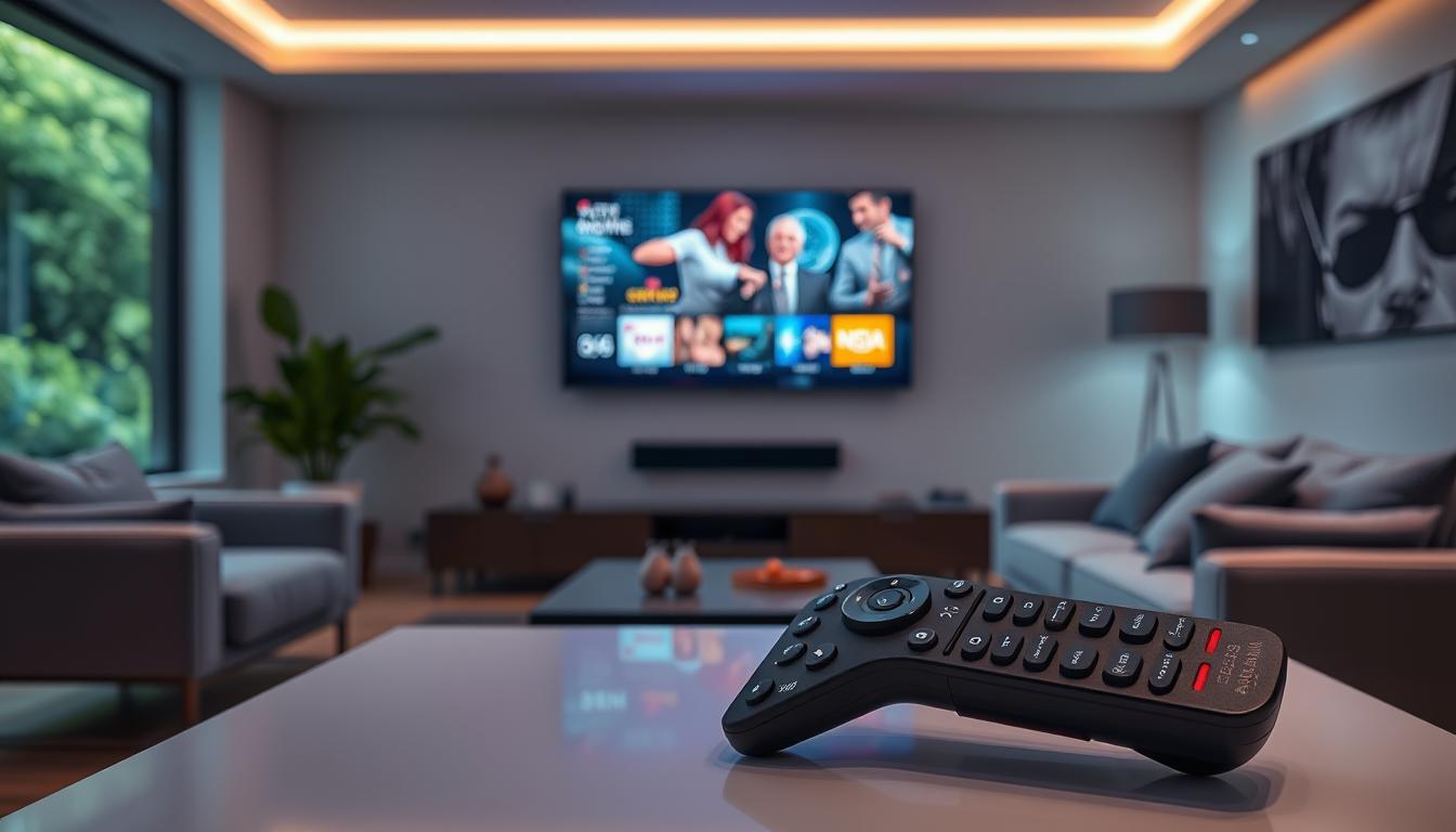A sleek, modern living room with a 4K TV mounted on the wall, displaying vibrant, high-definition IPTV content. The room is illuminated by soft, ambient lighting, creating a cozy and accessible atmosphere. In the foreground, an ergonomic remote control with large, tactile buttons and braille labels sits on a minimalist coffee table, highlighting the device's accessibility features. The middle ground showcases a person with a visual impairment using the remote to navigate the IPTV's user interface, which features high-contrast menus and voice-guided navigation. In the background, lush, blurred greenery outside the window adds a sense of depth and natural tranquility to the scene.