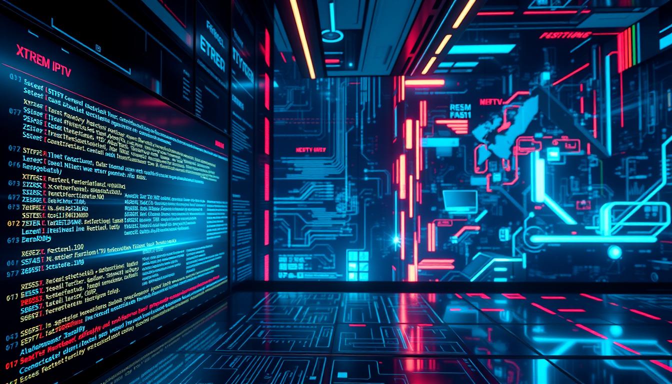 A high-tech digital display showcasing an array of Xtreme HD IPTV error codes. The foreground features a sleek, futuristic interface with various error code examples, glowing with a vibrant, neon-like palette. The middle ground depicts lines of code and technical diagrams, creating a sense of complexity and depth. In the background, a dynamic, holographic-inspired environment with abstract shapes and patterns, evoking the advanced, cutting-edge nature of the Xtreme HD system. Dramatic lighting casts dramatic shadows, heightening the technical, almost cinematic atmosphere. The overall composition conveys a sense of precision, technological sophistication, and the need to understand and troubleshoot Xtreme HD IPTV error codes.