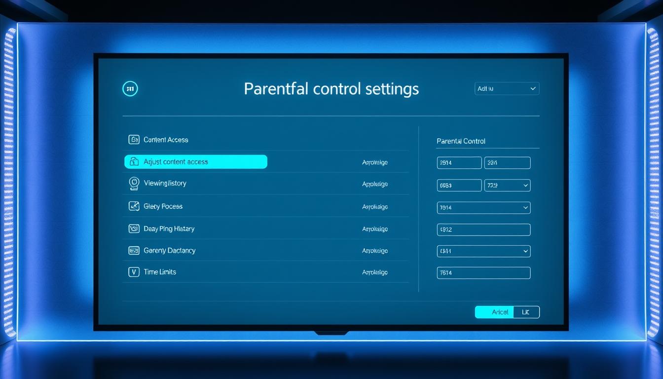 A modern and sleek IPTV parental control settings interface displayed on a high-resolution display. The user-friendly dashboard features intuitive controls for adjusting content access, viewing history, and time limits. Soft lighting illuminates the clean, minimalist design with a soothing, blue-grey color palette. The layout is balanced and organized, with clear icons and labels guiding the user through the various settings. An ambient glow emanates from the display, creating a professional, technology-driven atmosphere appropriate for a premium IPTV service.