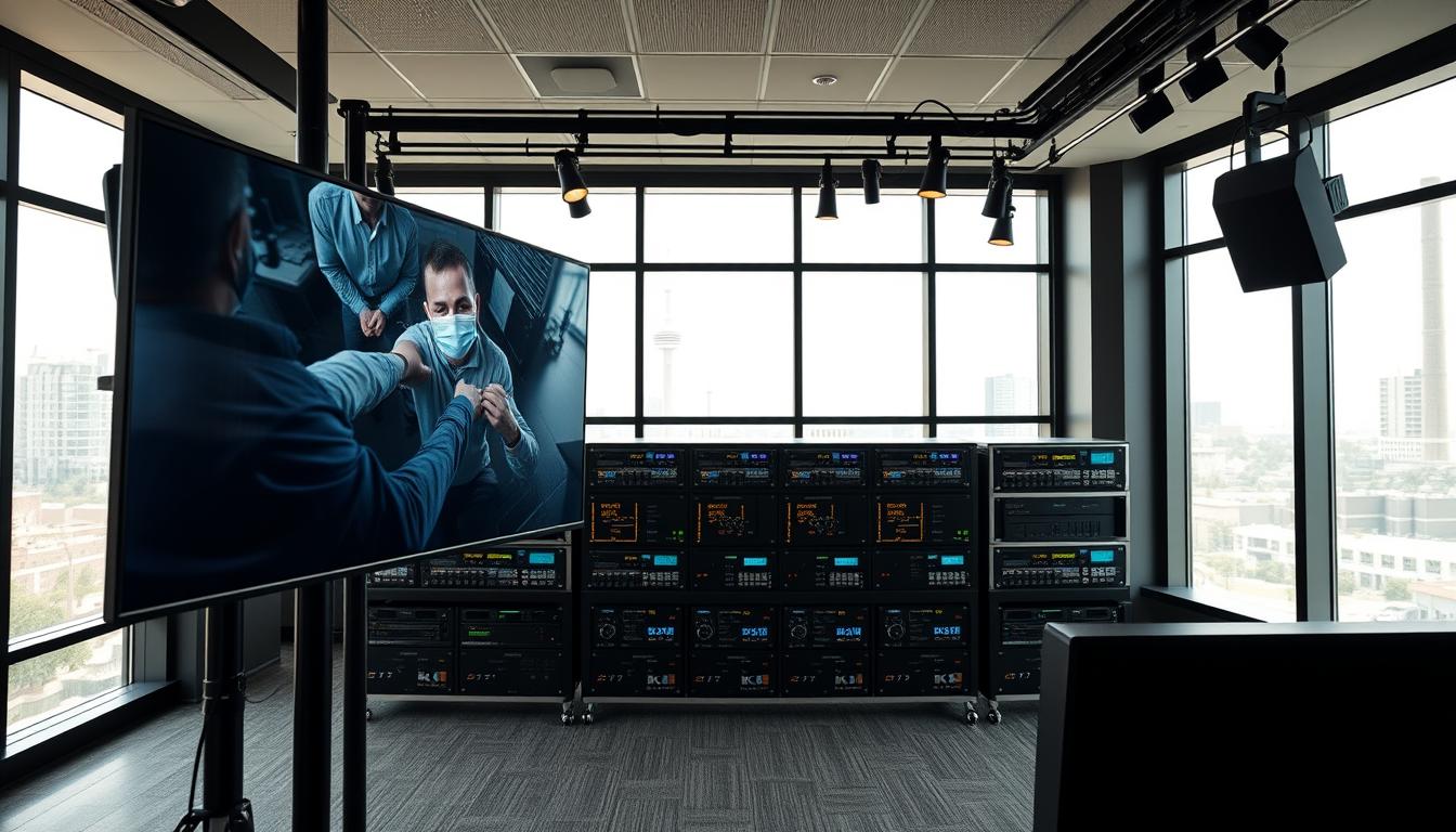 A sleek, modern 4K IPTV broadcast studio with professional-grade equipment. A large, high-resolution screen dominates the foreground, displaying pristine 4K video. In the middle ground, a bank of advanced IPTV encoding and streaming hardware, neatly arranged in an equipment rack. The background features floor-to-ceiling windows, allowing natural light to flood the space and creating a bright, airy atmosphere. The lighting is balanced and directional, highlighting the technical details of the setup. The overall scene conveys a sense of cutting-edge technology, reliability, and professionalism – the ideal environment for a business-focused IPTV broadcast.