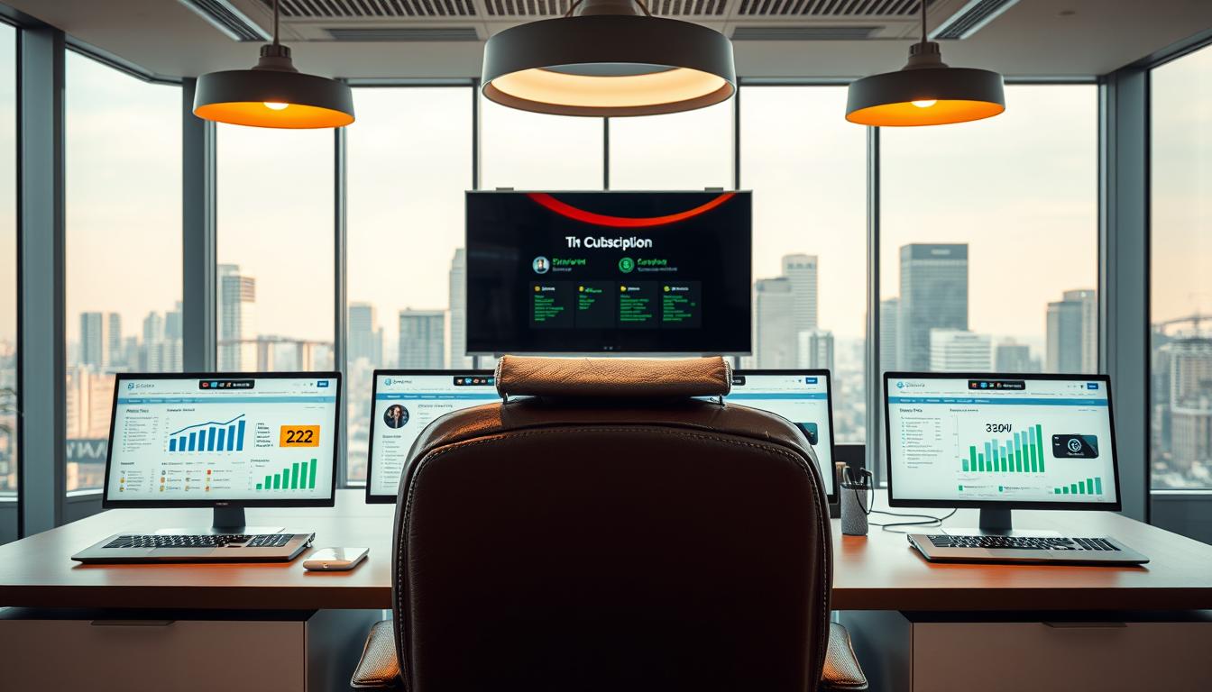 A well-lit contemporary office interior with a large desk displaying open laptops showcasing IPTV subscription plans, product comparison charts, and customer reviews. In the middle ground, an executive-style leather chair facing the desk. The background features sleek floor-to-ceiling windows overlooking a cityscape, creating a professional, tech-savvy atmosphere. The lighting is a combination of warm overhead lamps and natural daylight, highlighting the crisp details of the products and the clean, minimalist aesthetic of the space.