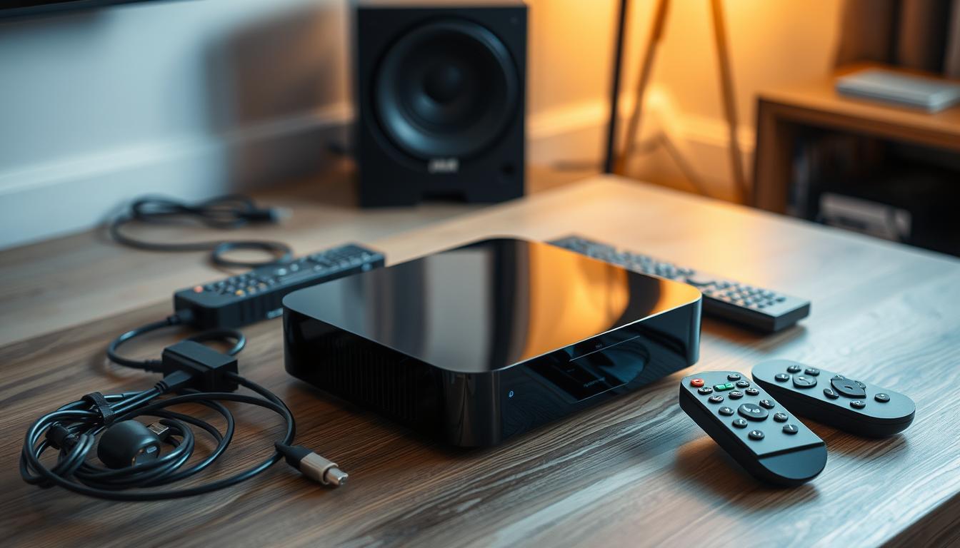 A sleek and modern MAG box setup, placed on a minimalist wooden table. The device sits center stage, its glossy black exterior reflecting the warm lighting casting subtle shadows. Surrounding it, a clean and organized arrangement of cables, remotes, and other accessories, all neatly tucked away. The scene exudes a sense of simplicity and efficiency, inviting the viewer to imagine the seamless integration of the MAG box into a home entertainment system. Soft indirect lighting illuminates the setup, creating a cozy and inviting atmosphere, perfect for effortless IPTV streaming experiences.