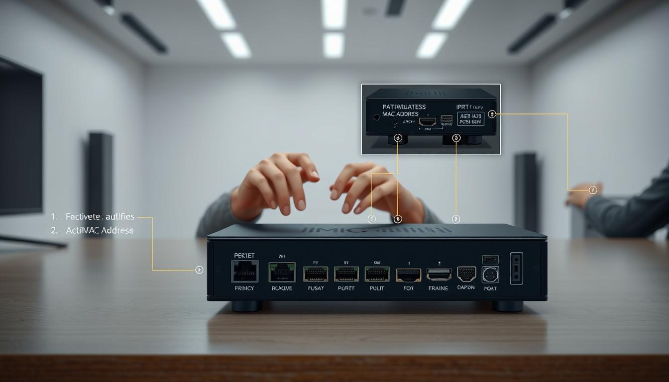 A well-lit, detailed diagram showing the step-by-step process of activating an IPTV MAC address. The foreground features a modern, sleek IPTV device with clear technical labeling of its ports and connections. The middle ground shows a user's hands interacting with the device, guiding the viewer through the activation workflow. The background showcases a minimalist, neutral environment with subtle technological elements, emphasizing the instructional focus. The lighting is bright and natural, capturing the crisp, high-quality details of the hardware and the user's actions. The overall tone is informative and visually engaging, designed to clearly illustrate the MAC address activation process.