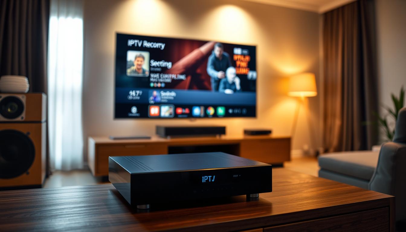 A well-equipped home entertainment center with a sleek IPTV set-top box prominently displayed, showcasing its recording capabilities. The box is situated on a modern, minimalist wooden TV stand, casting a warm glow from the display. In the background, a large, high-definition television screen shows a paused recording, while the room is illuminated by soft, indirect lighting, creating a cozy and inviting atmosphere. The overall scene conveys the ease and convenience of recording shows with a reliable IPTV provider.