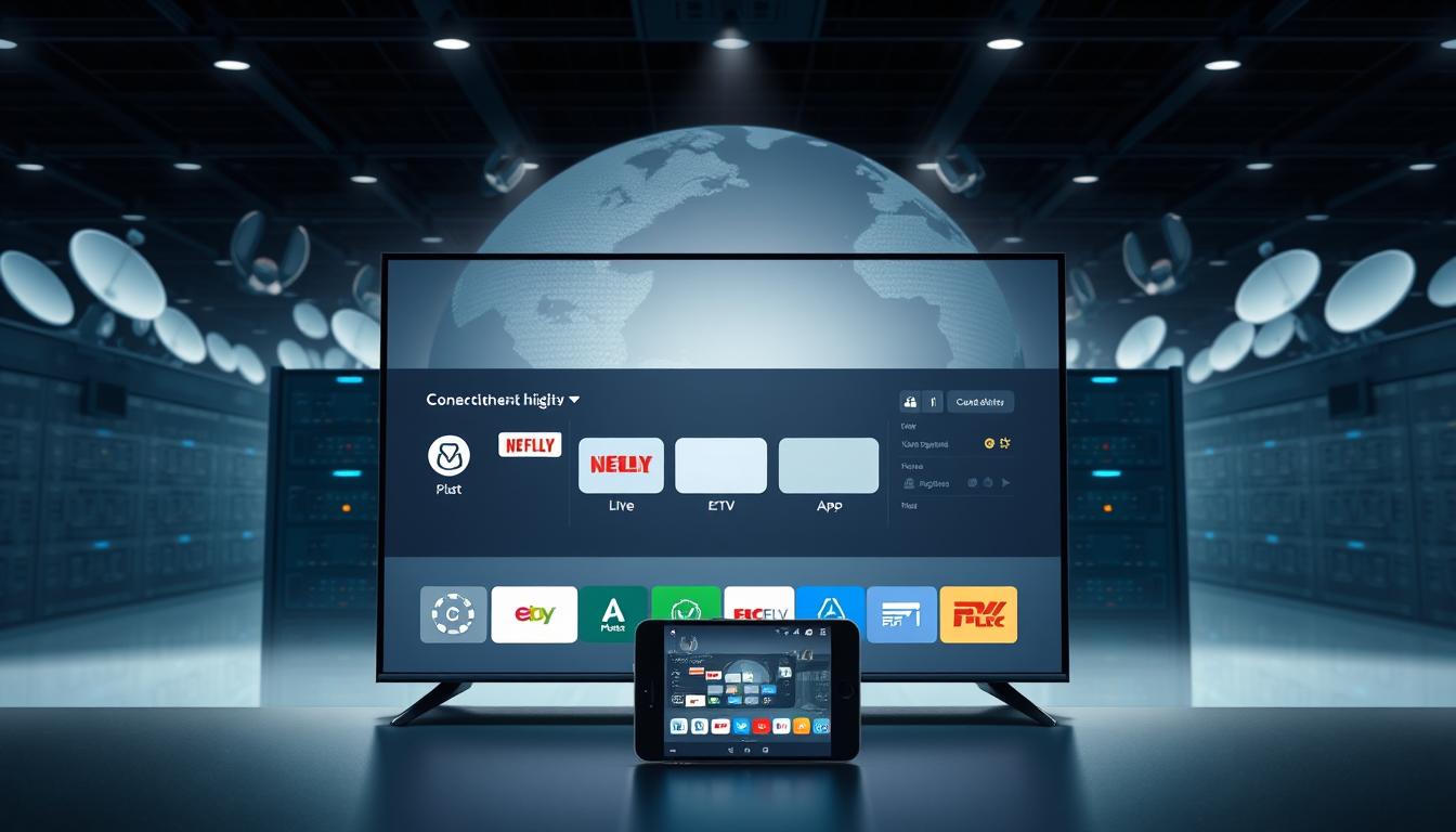 A modern, sleek IPTV service interface, showcasing its key features. In the foreground, a smart TV screen displays a clean, minimalist UI with intuitive icons for live TV, on-demand content, and app integrations. The middle ground features a tablet or smartphone mirroring the TV screen, highlighting the multi-device compatibility. In the background, a global network of satellite dishes and server racks convey the robust infrastructure powering the IPTV service. Soft, directional lighting illuminates the scene, creating a sense of technological sophistication. The overall mood is one of seamless connectivity, ease of use, and comprehensive entertainment options.