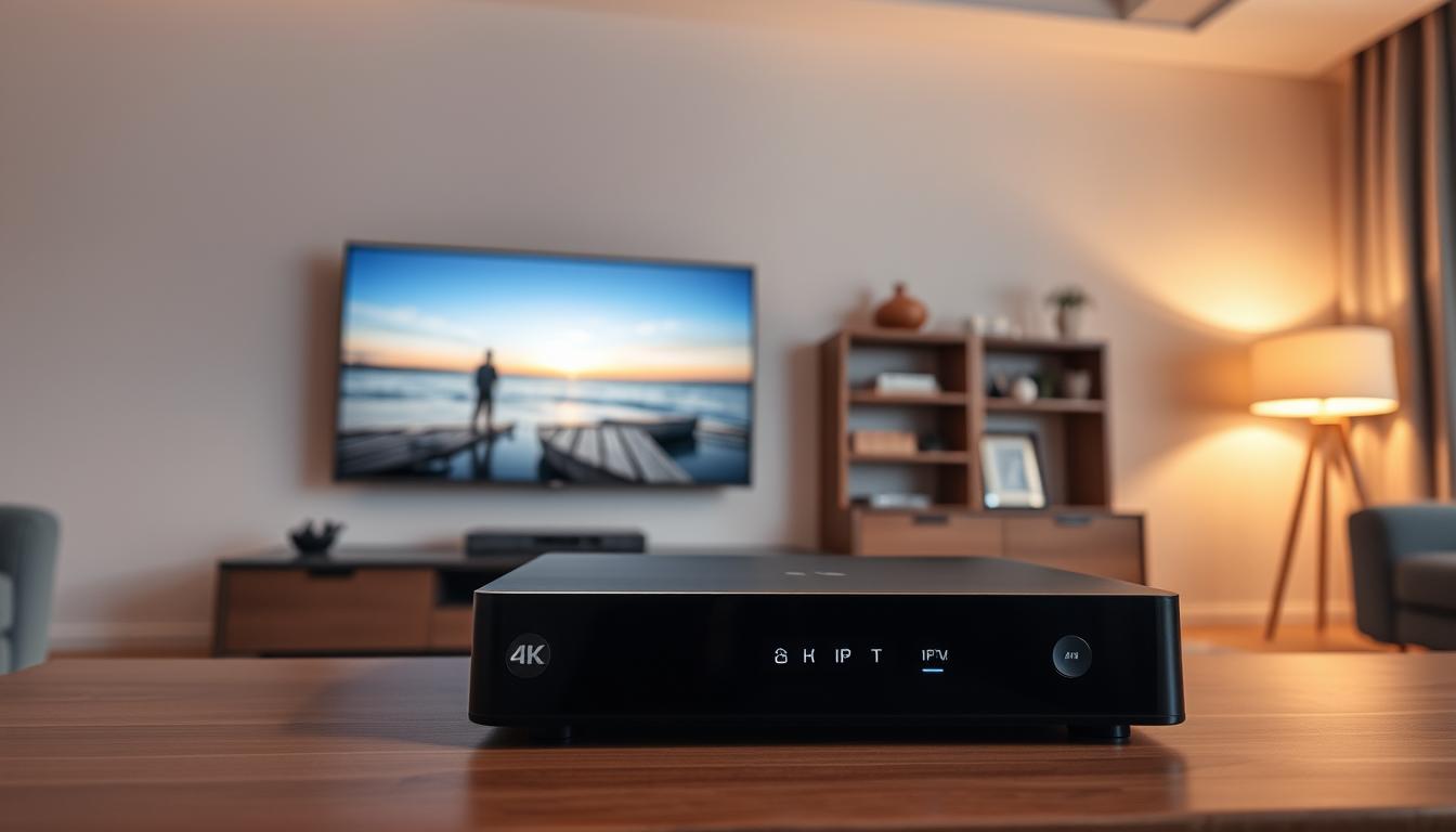 A serene living room with a modern 4K IPTV set-top box prominently displayed on a sleek media console. The setup is illuminated by warm, diffused lighting, creating a cozy atmosphere. In the background, a large flat-screen TV displays crystal-clear live footage, showcasing the high-quality video streaming capabilities of the IPTV service. The room is tastefully decorated with minimalist decor, hinting at the seamless integration of technology and lifestyle. The overall scene conveys the convenience, clarity, and enjoyment of IPTV streaming services in a visually appealing and relatable manner.