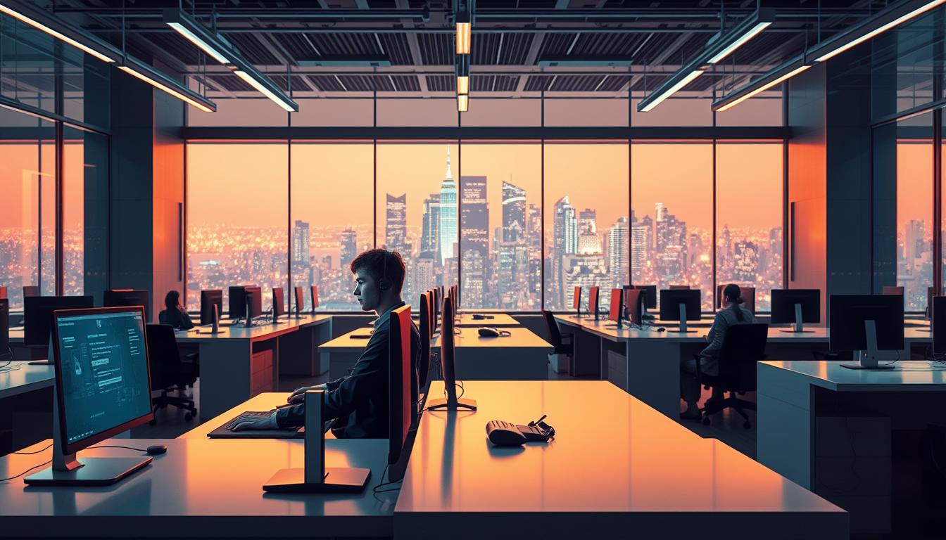 A modern office interior, brightly lit with a warm, inviting atmosphere. In the foreground, a person wearing a headset is sitting at a sleek, minimalist desk, focused on a computer screen, ready to assist a customer. The middle ground features rows of similar desks, each with a person providing attentive customer service. The background showcases a large, panoramic window overlooking a bustling city skyline, symbolizing the global reach and accessibility of the IPTV service. The overall scene conveys a sense of professionalism, efficiency, and a commitment to customer support, essential for building trust and credibility in the IPTV industry.