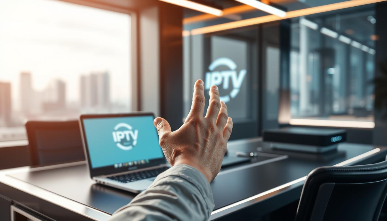 A high-tech, minimalist tech support desk, with a laptop, stylized IPTV logo, and sleek black and silver furnishings. The desk is illuminated by soft, even lighting, creating a calm, professional atmosphere. In the foreground, a customer service agent's hand gestures emphatically as they explain troubleshooting steps on the laptop screen. The background features a blurred cityscape, suggesting an urban, corporate environment. The overall scene conveys a sense of efficiency and expertise in resolving IPTV payment issues.
