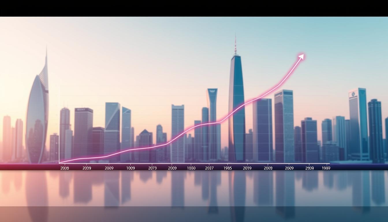 A vibrant, infographic-style visualization of the steady growth of IPTV subscriptions in the United States. In the foreground, a detailed line graph depicts the rising subscriber numbers over the past several years, the data points connected by a smooth, flowing curve. The background features a clean, minimalist cityscape with sleek, modern high-rise buildings, representing the technological advancements enabling the IPTV industry's expansion. Soft, warm lighting casts a glow over the scene, conveying a sense of progress and prosperity. The overall composition is visually striking, designed to capture the rapid transformation of the IPTV landscape in the U.S.
